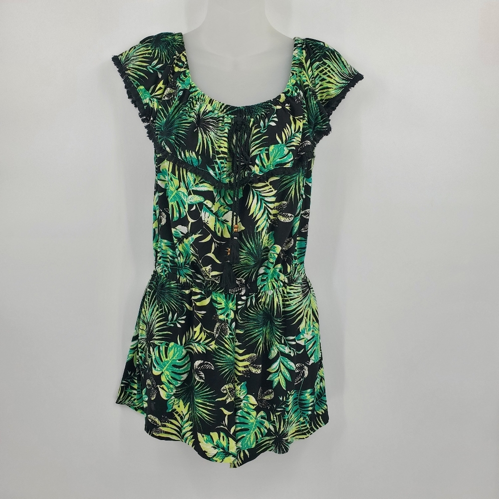 ◇◇ Young USA Palm Print Green and Black Off the Shoulder Romper Size Medium